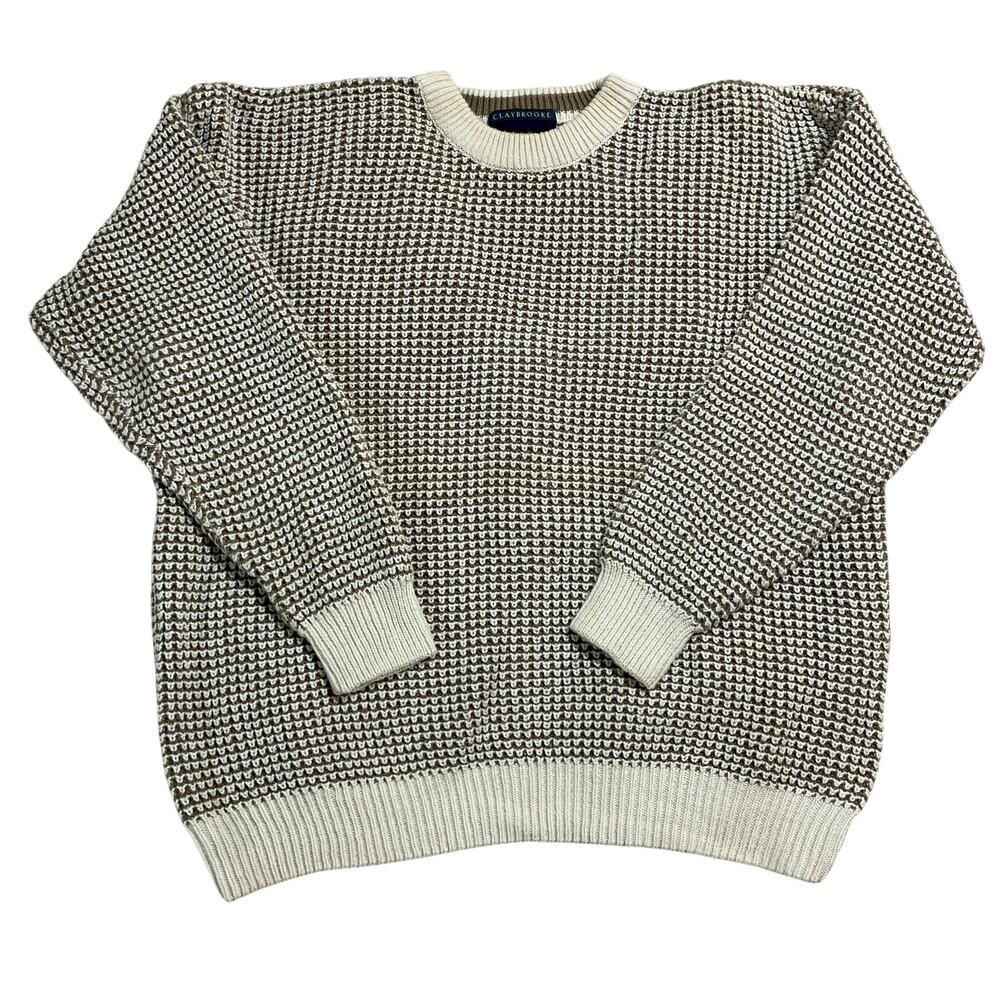 Vintage Waffle Knit Sweater Mens XL Tan/Cream Pullover Ramie Cotton Claybrooke